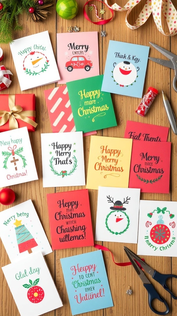 A collection of quirky handmade Christmas cards with various designs on a craft table.